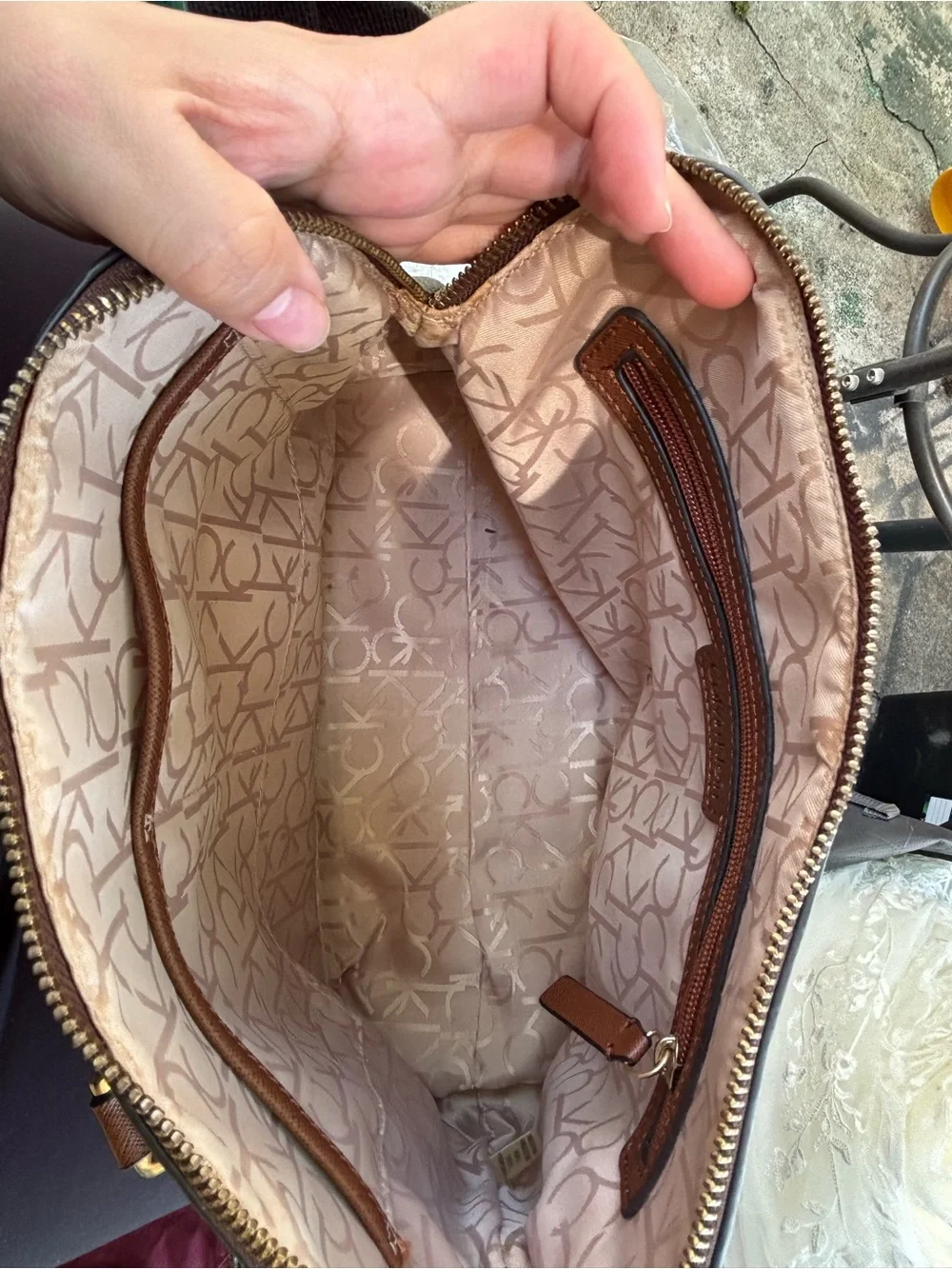 Calvin Klein Brown Monogram Satchel with Crossbody Strap
